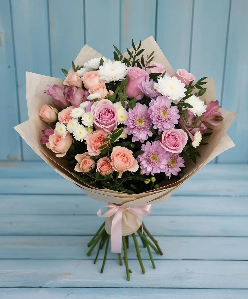 Букет цветов из: Хризантемы, Розы и Альстромерии в Заозерске