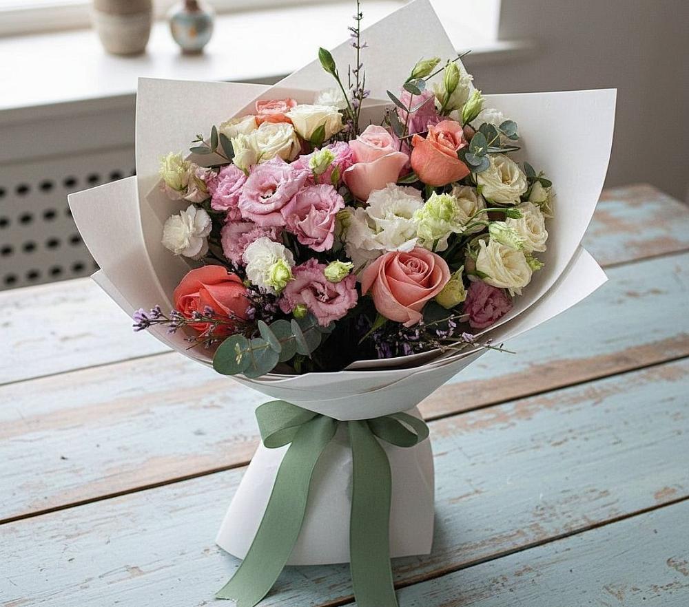 Букет цветов из: Розы, Лизиантусы и Гвоздики в Заозерске