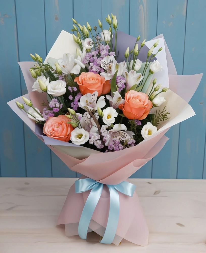 Букет цветов из: Лизиантусы, Розы, Альстромерии и Гипсофила в Заозерске