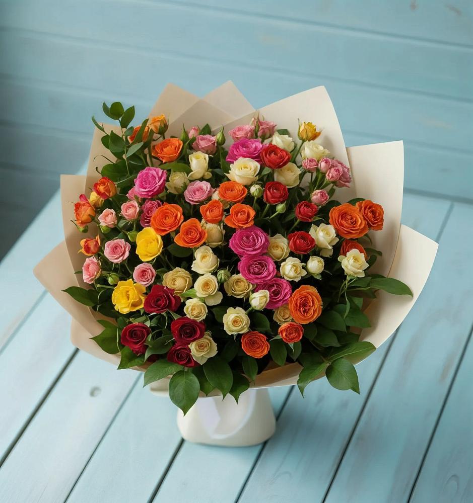 Букет Микс из разноцветных кустовых роз в Заозерске