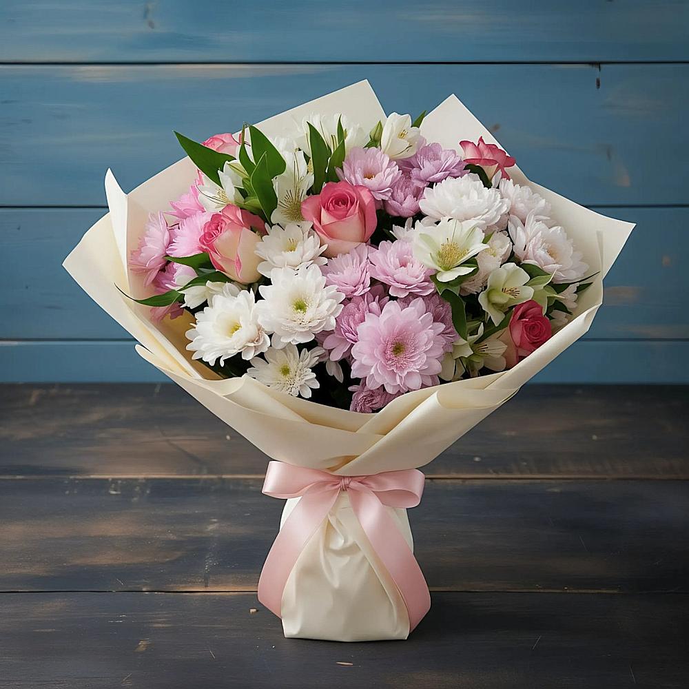 Букет цветов из: Хризантемы, Альстромерии и Розы в Заозерске